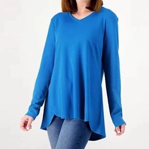 Isaac Mizrahi Live! Essentials Pima Cotton V-Neck Hi-Low Hem Top Blue NWOT